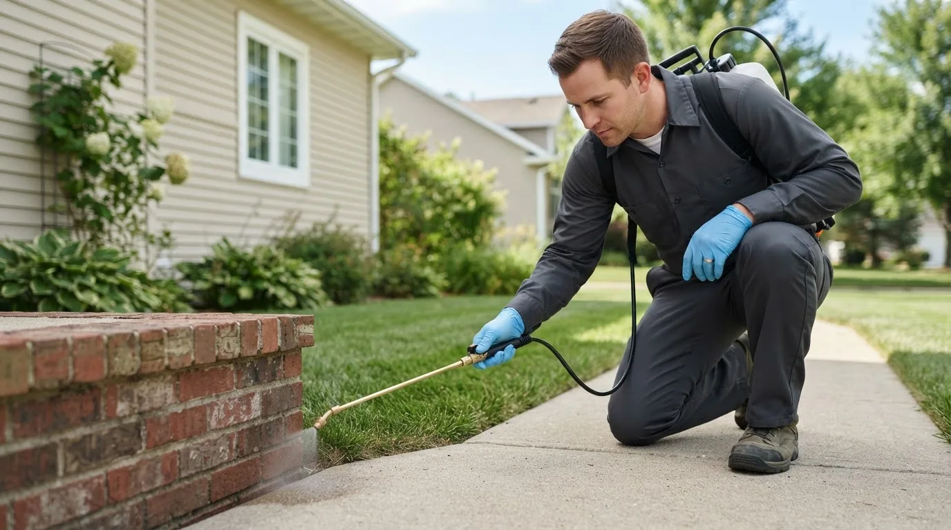 Pest control technician treating a home near Platteville, CO